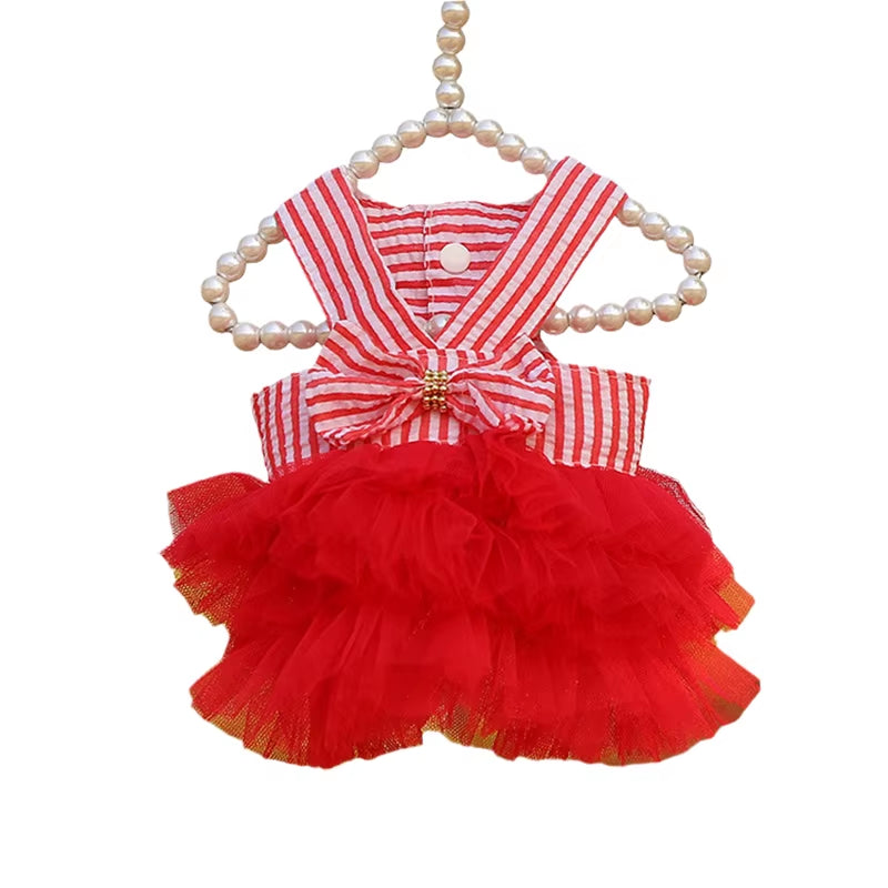 🐾 Elegant Striped & Plaid Cat Dress – Princess Summer Outfit with Bow for Kittens, Puppies & Rabbits