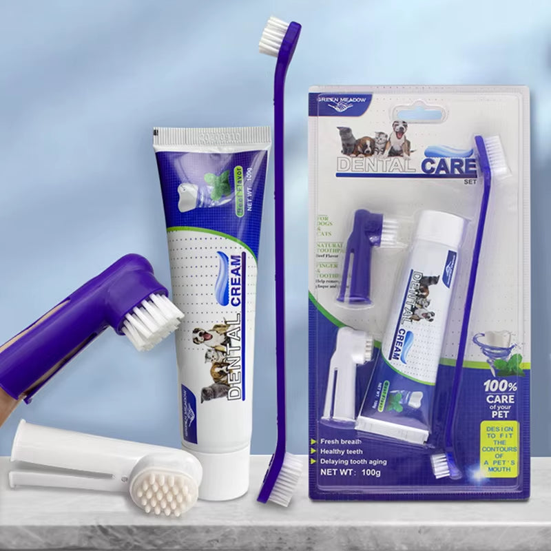 🐾 Pet Oral Care Set – 4-Piece Toothpaste & Toothbrush Kit for Medium & Large Dogs & Cats