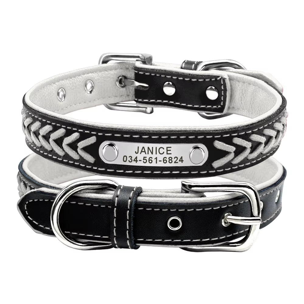 🐾 Personalized Engraved Leather Dog Collar – Custom Nameplate ID Tag for Small & Medium Pets