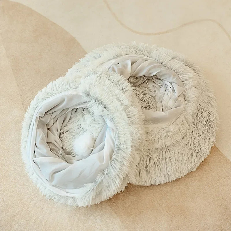 🐱 2-in-1 Round Cat Bed & Tunnel – Soft Plush Sleeping Mat & Playhouse for Kittens & Small Dogs