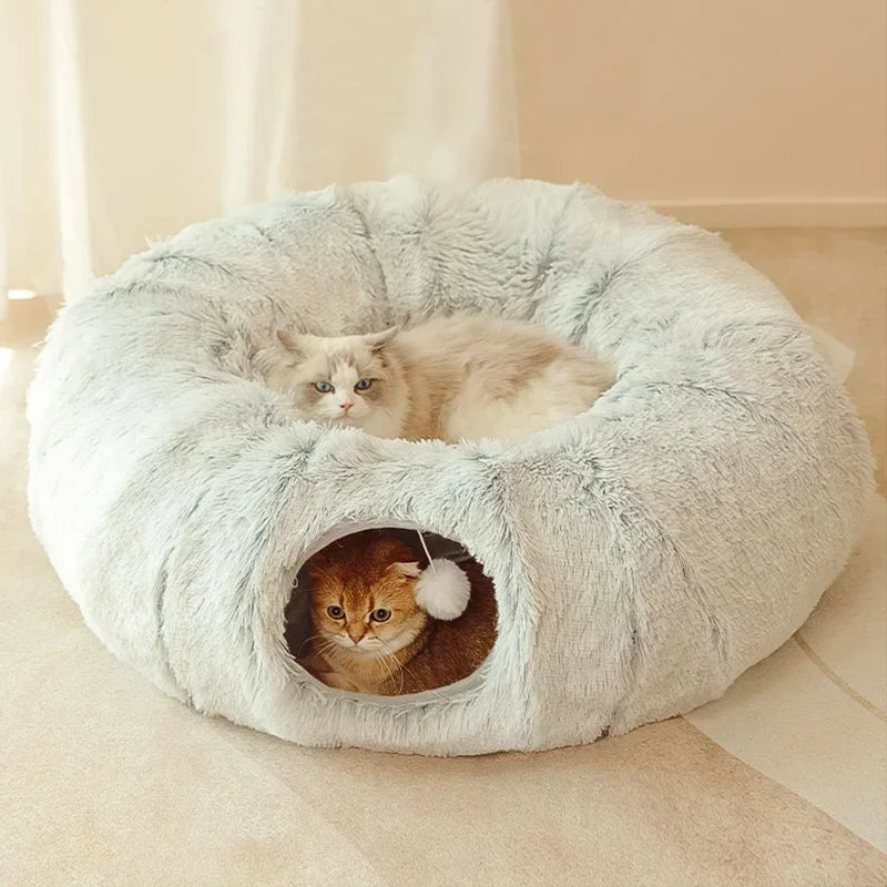 🐱 2-in-1 Round Cat Bed & Tunnel – Soft Plush Sleeping Mat & Playhouse for Kittens & Small Dogs