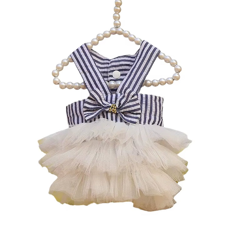 🐾 Elegant Striped & Plaid Cat Dress – Princess Summer Outfit with Bow for Kittens, Puppies & Rabbits