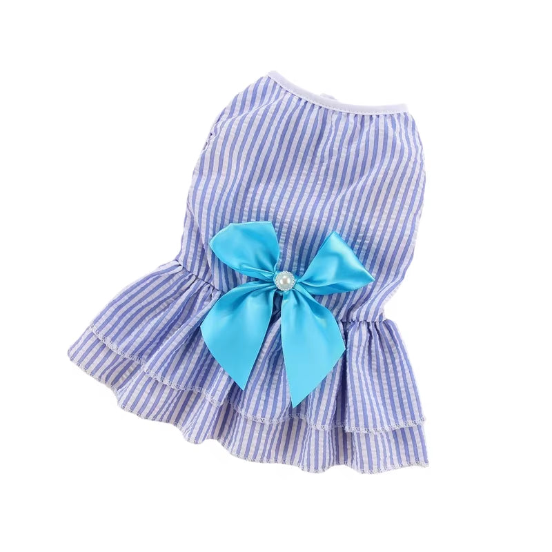 🐾 Elegant Striped & Plaid Cat Dress – Princess Summer Outfit with Bow for Kittens, Puppies & Rabbits