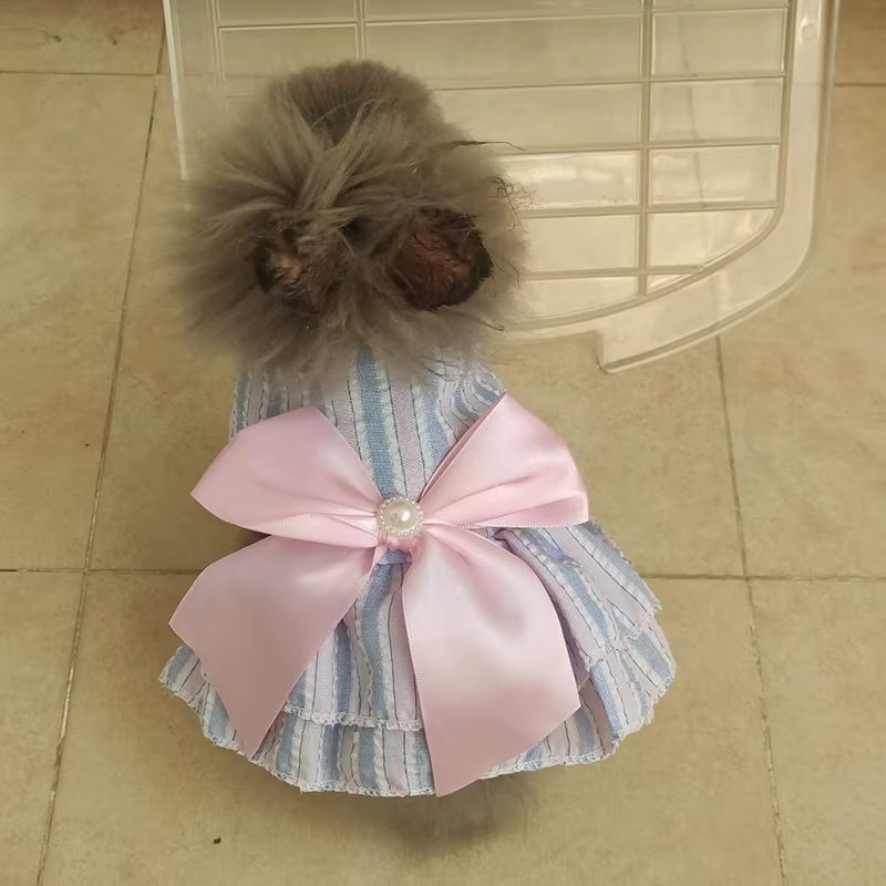 🐾 Elegant Striped & Plaid Cat Dress – Princess Summer Outfit with Bow for Kittens, Puppies & Rabbits