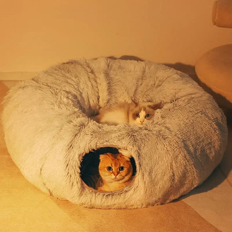 🐱 2-in-1 Round Cat Bed & Tunnel – Soft Plush Sleeping Mat & Playhouse for Kittens & Small Dogs