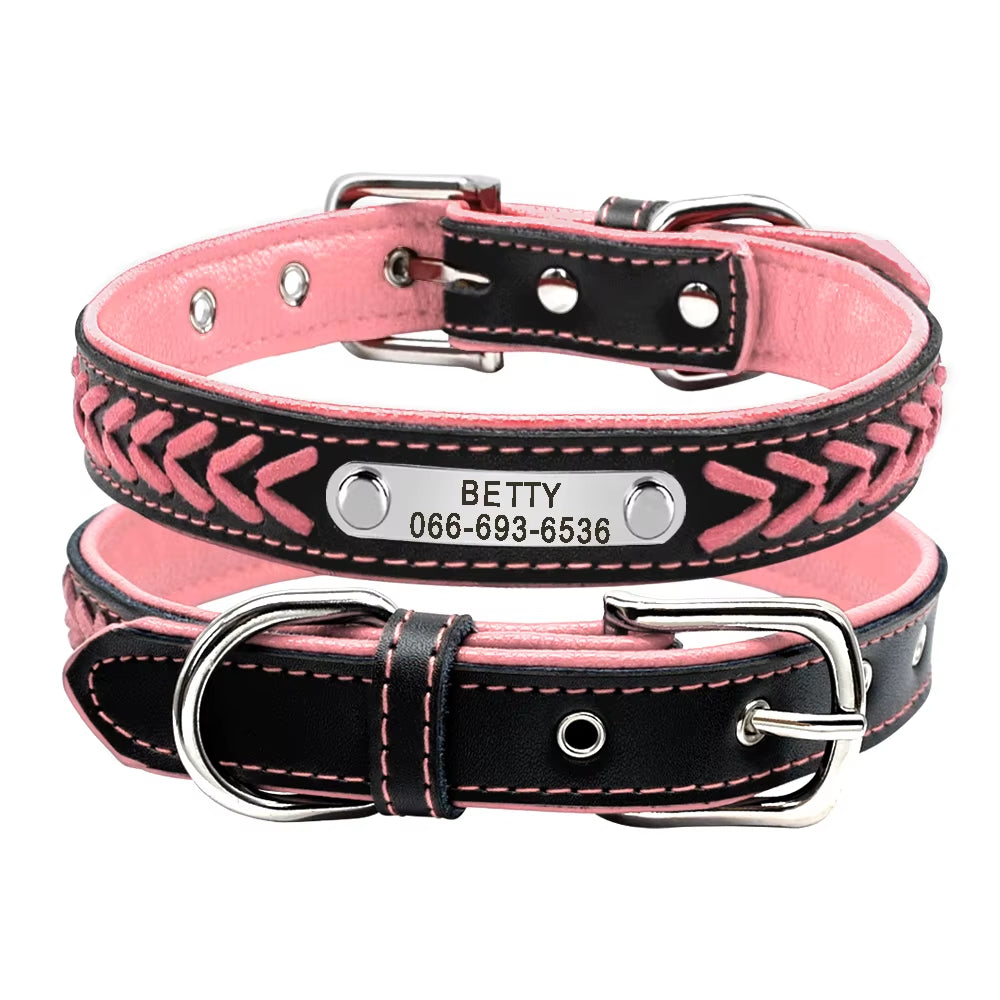 🐾 Personalized Engraved Leather Dog Collar – Custom Nameplate ID Tag for Small & Medium Pets