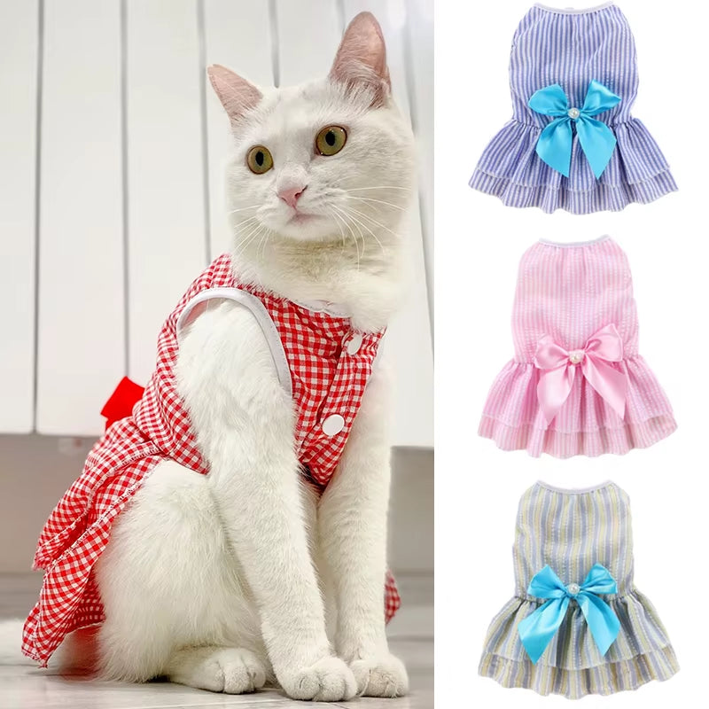 🐾 Elegant Striped & Plaid Cat Dress – Princess Summer Outfit with Bow for Kittens, Puppies & Rabbits