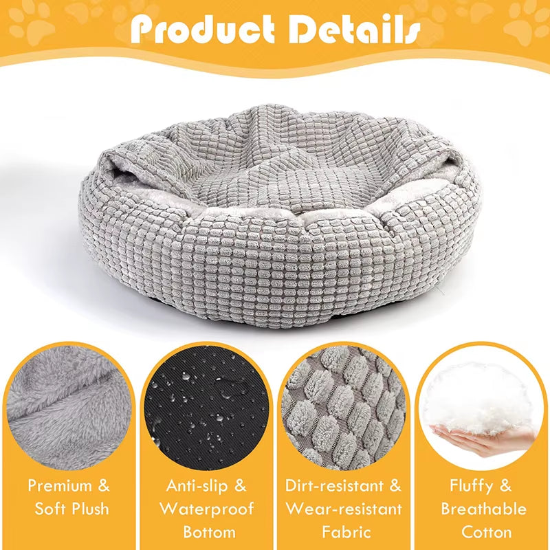 Premium Orthopedic Hooded Dog Bed - Fluffy Round Donut Cuddler for Anxiety Relief, Washable, Soft, and Nonslip Pet Cave