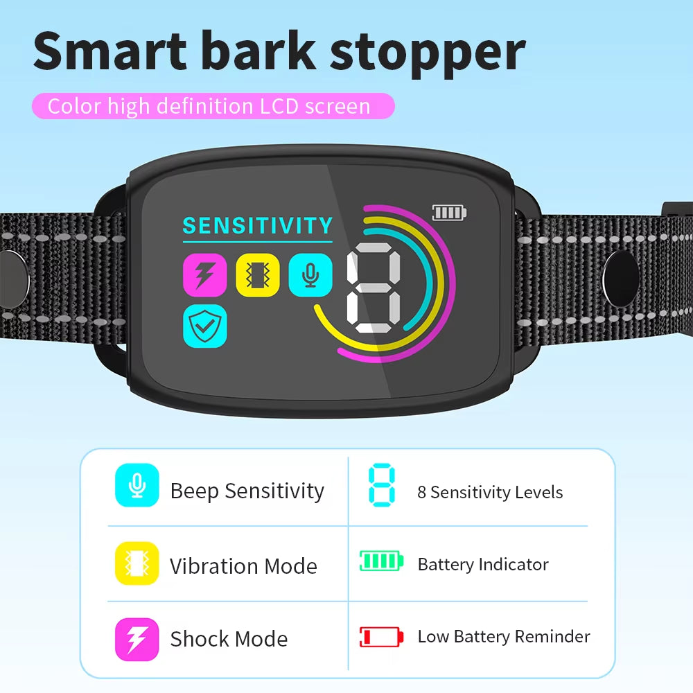 🐾 Automatic Waterproof Dog Training Collar – Adjustable Sensitivity, Vibration & Shock for Effective Bark Control