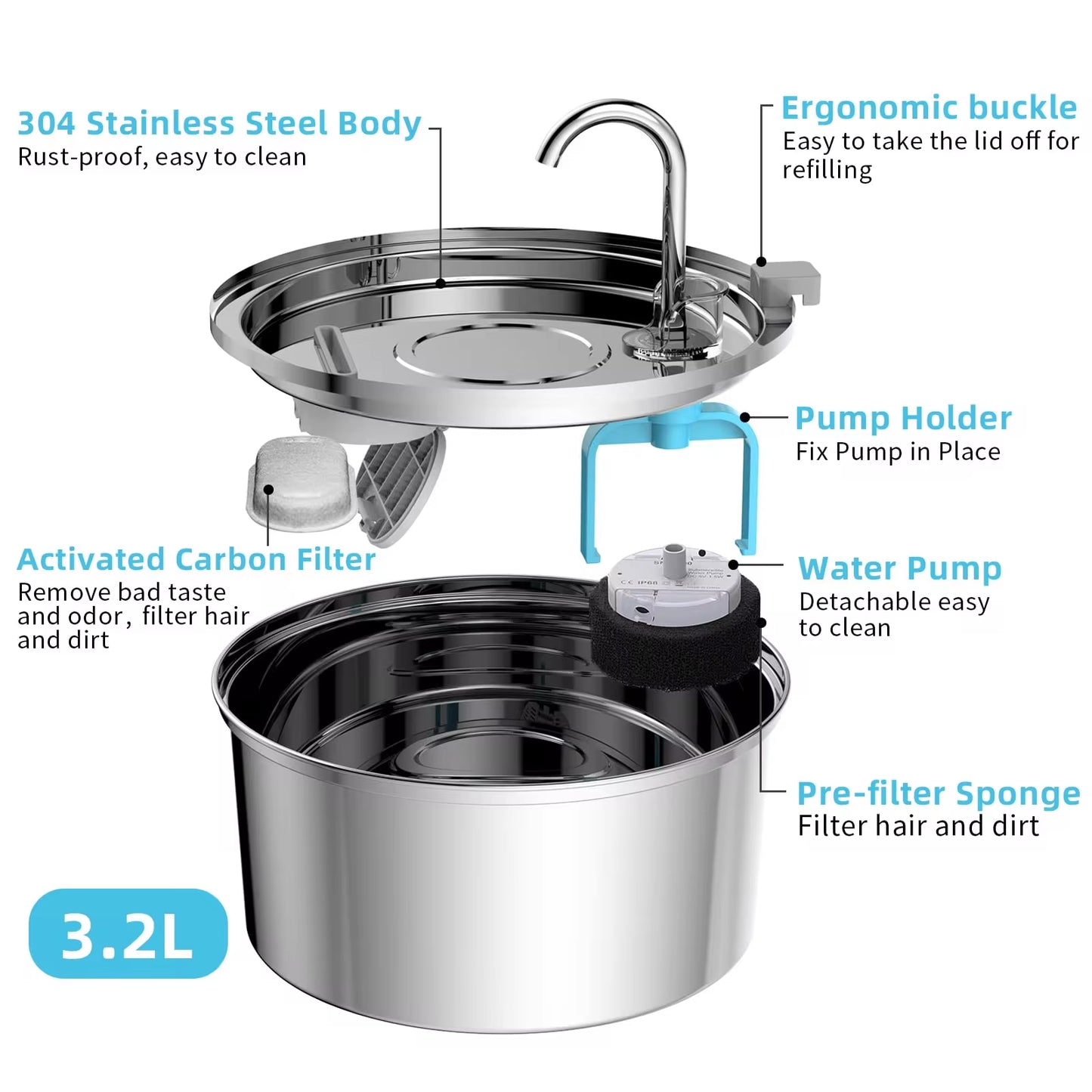 Intelligent Stainless Steel Automatic Cat Water Fountain – 3.2L Ultra-Quiet Hydration System for Cats & Dogs 🐾💦