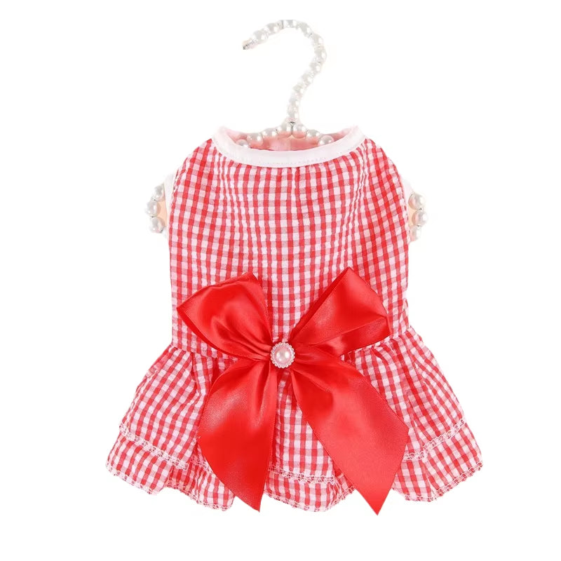 🐾 Elegant Striped & Plaid Cat Dress – Princess Summer Outfit with Bow for Kittens, Puppies & Rabbits