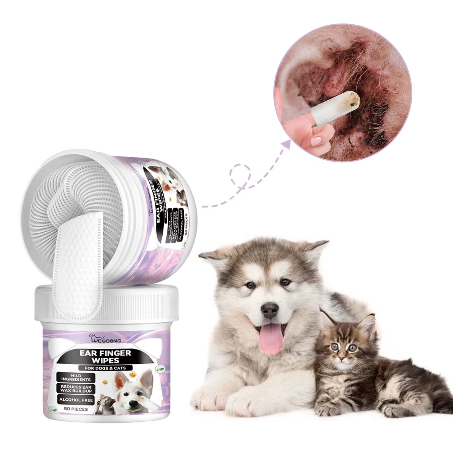 🐾 Dog & Cat Ear Cleaning Finger Wipes – 50pcs Mite & Earwax Remover Pads