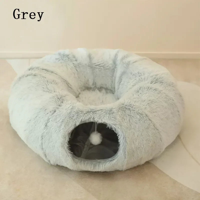 🐱 2-in-1 Round Cat Bed & Tunnel – Soft Plush Sleeping Mat & Playhouse for Kittens & Small Dogs