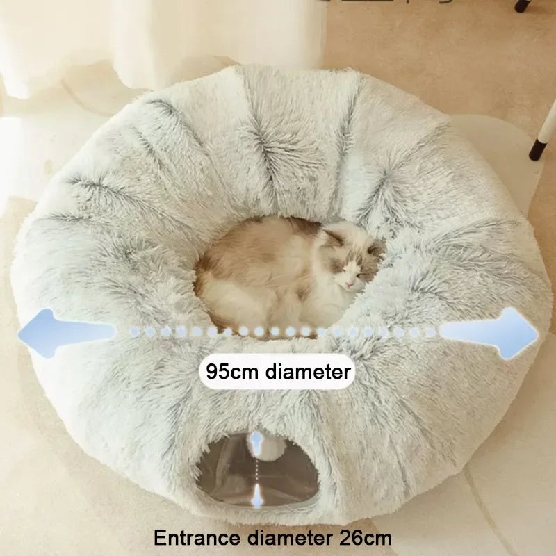 🐱 2-in-1 Round Cat Bed & Tunnel – Soft Plush Sleeping Mat & Playhouse for Kittens & Small Dogs