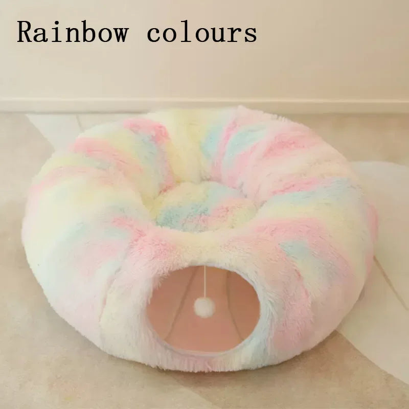 🐱 2-in-1 Round Cat Bed & Tunnel – Soft Plush Sleeping Mat & Playhouse for Kittens & Small Dogs