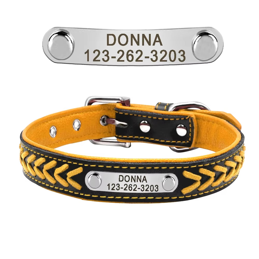 🐾 Personalized Engraved Leather Dog Collar – Custom Nameplate ID Tag for Small & Medium Pets