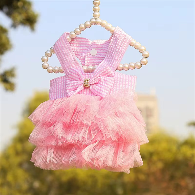 🐾 Elegant Striped & Plaid Cat Dress – Princess Summer Outfit with Bow for Kittens, Puppies & Rabbits
