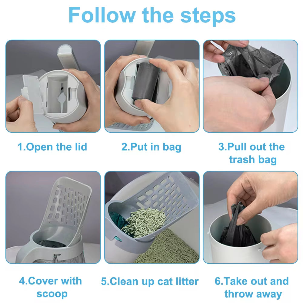 🐾 Cat Litter Scoop with Built-in Waste Bag Holder – Large Capacity, Portable & Easy-to-Clean!