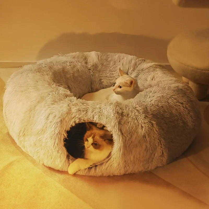 🐱 2-in-1 Round Cat Bed & Tunnel – Soft Plush Sleeping Mat & Playhouse for Kittens & Small Dogs