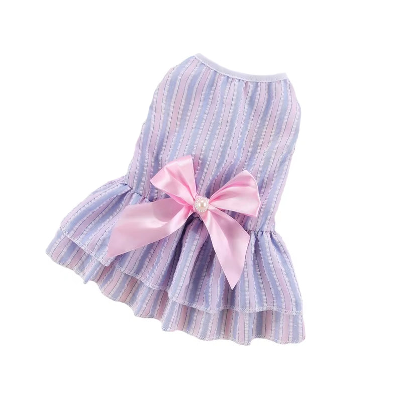 🐾 Elegant Striped & Plaid Cat Dress – Princess Summer Outfit with Bow for Kittens, Puppies & Rabbits