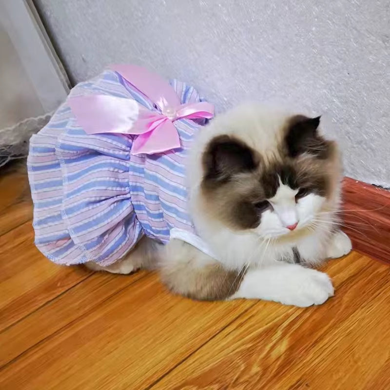 🐾 Elegant Striped & Plaid Cat Dress – Princess Summer Outfit with Bow for Kittens, Puppies & Rabbits