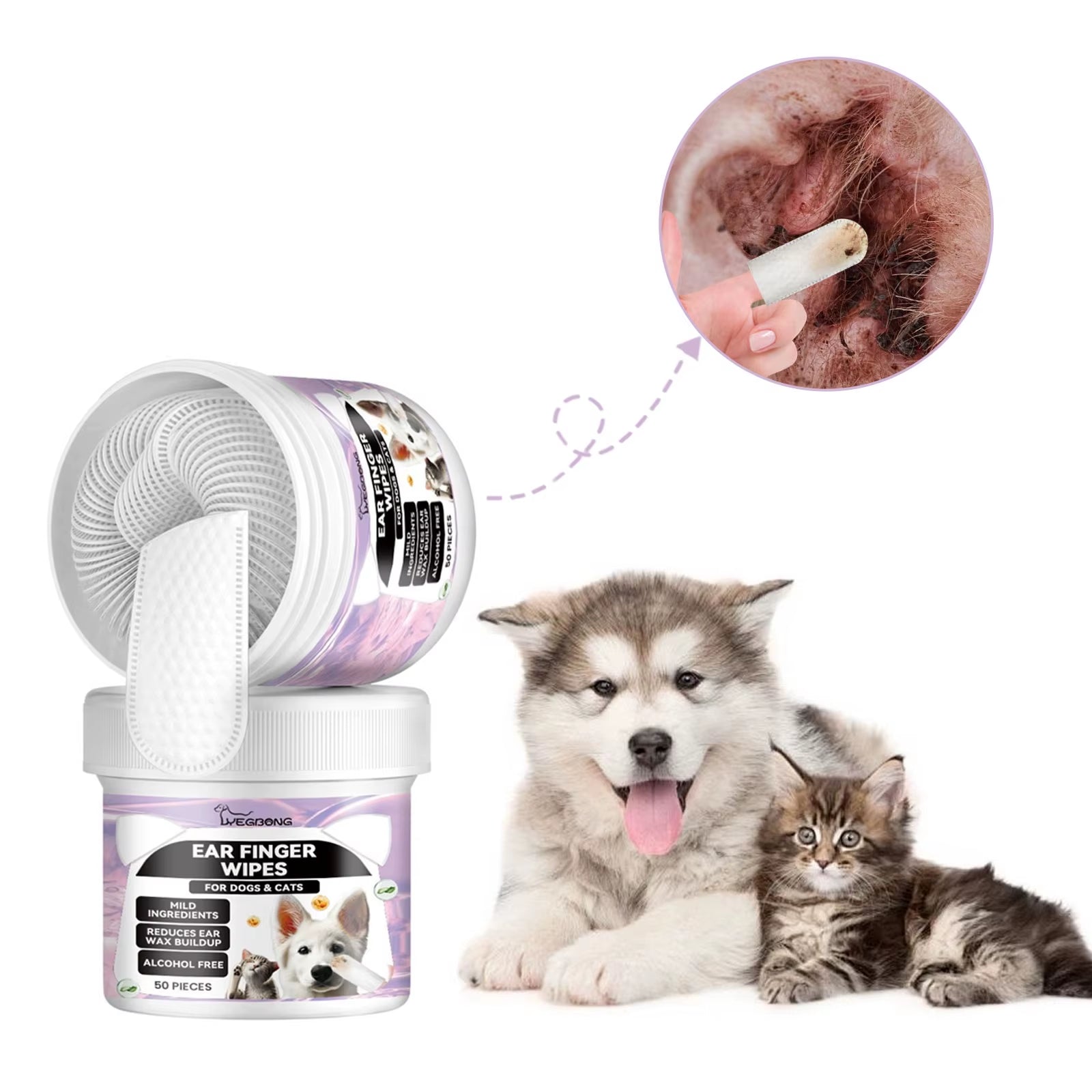 🐾 Dog & Cat Ear Cleaning Finger Wipes – 50pcs Mite & Earwax Remover Pads